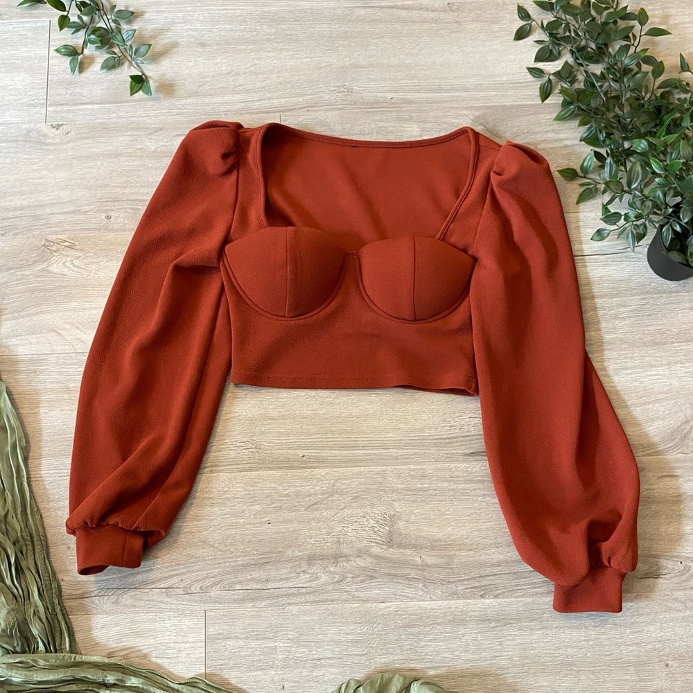 Women's Long-Sleeve Bustier/ Sweetheart Crop Top — Rust Red